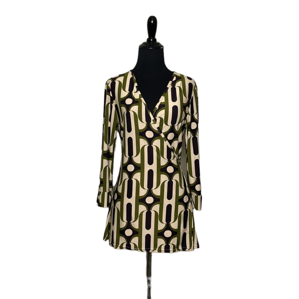 Helena Hart cream green black retro wrap blouse size 2